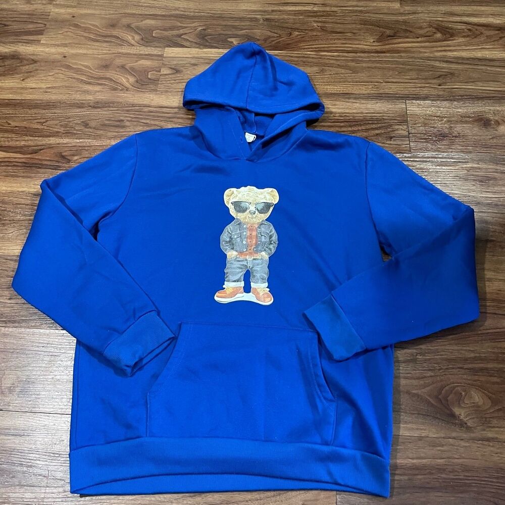 UNBRANDED Mens Adult Blue Hoodie Sweatshirt Cool Teddy Bear Sz XL NO DRAWSTRING